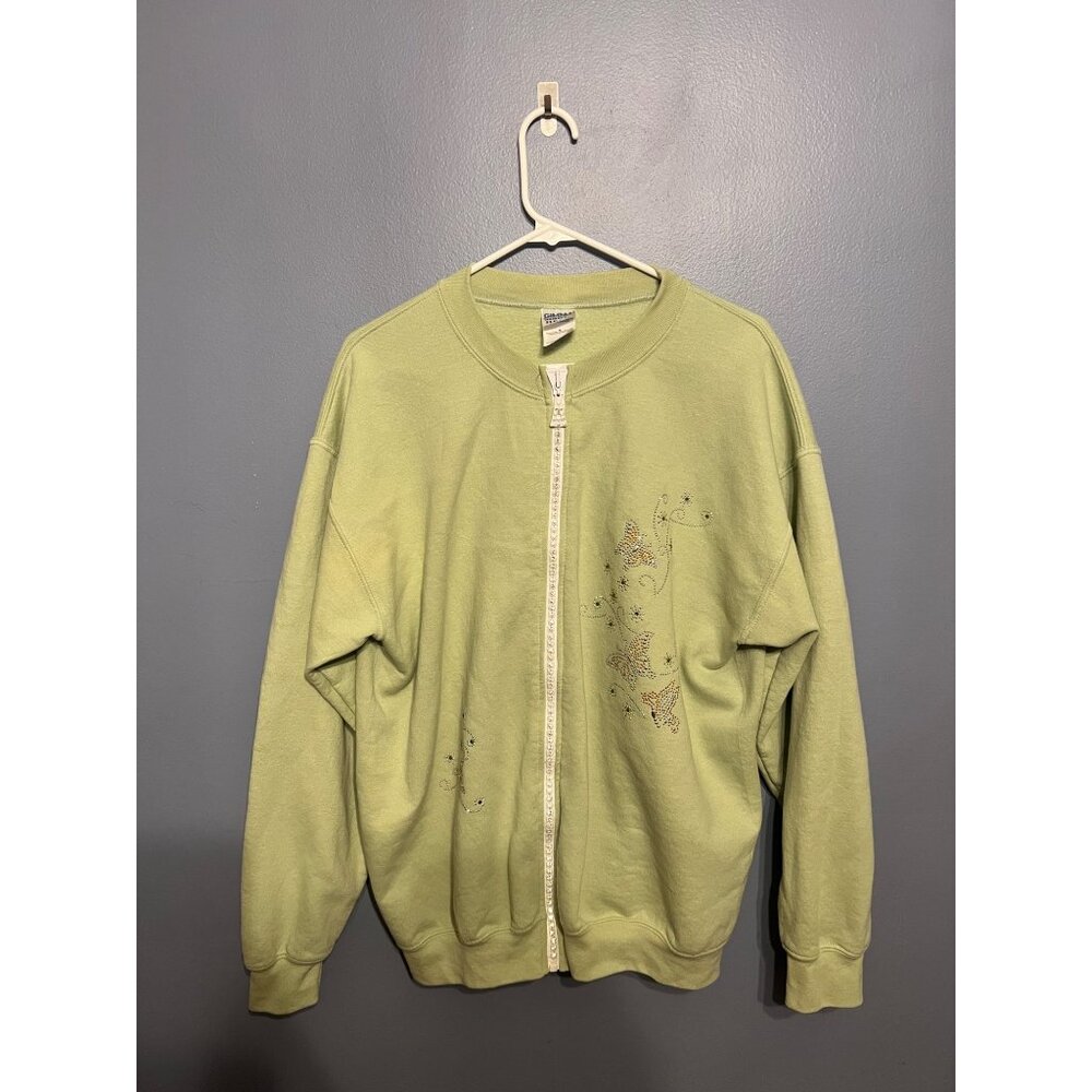 Women's Basic Light Green Zipper Sweatshirt With Bedazzled Butterflies Size LG